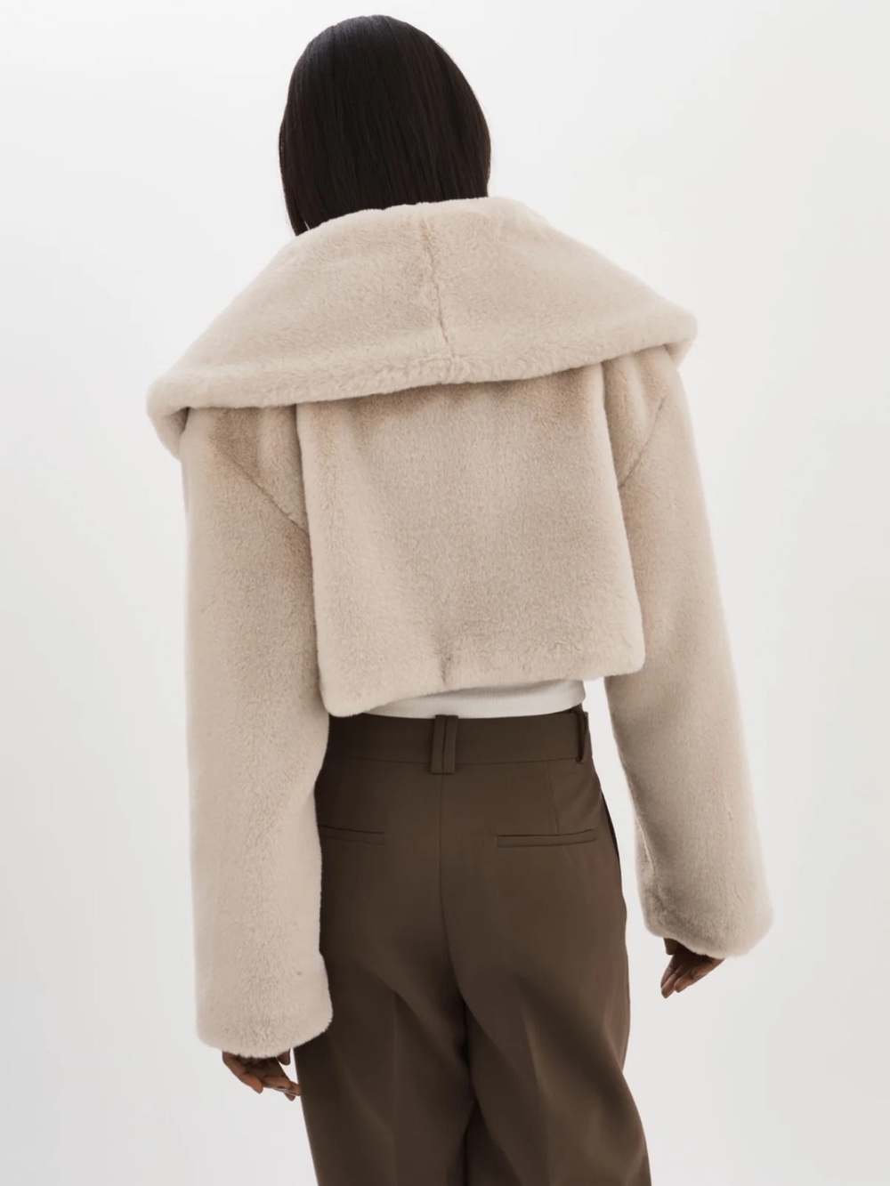 Lamarque Cropped Faux Fur Jacket in Soft Blush Taupe - Picture 6 of 7